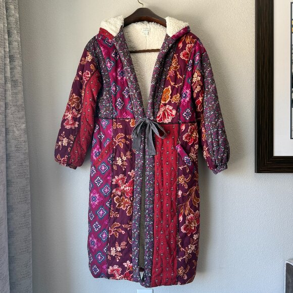 Sundance Linnea Robe Jacket Patchwork Sherpa Lined Boho Multicolor Floral Hooded - Picture 1 of 8